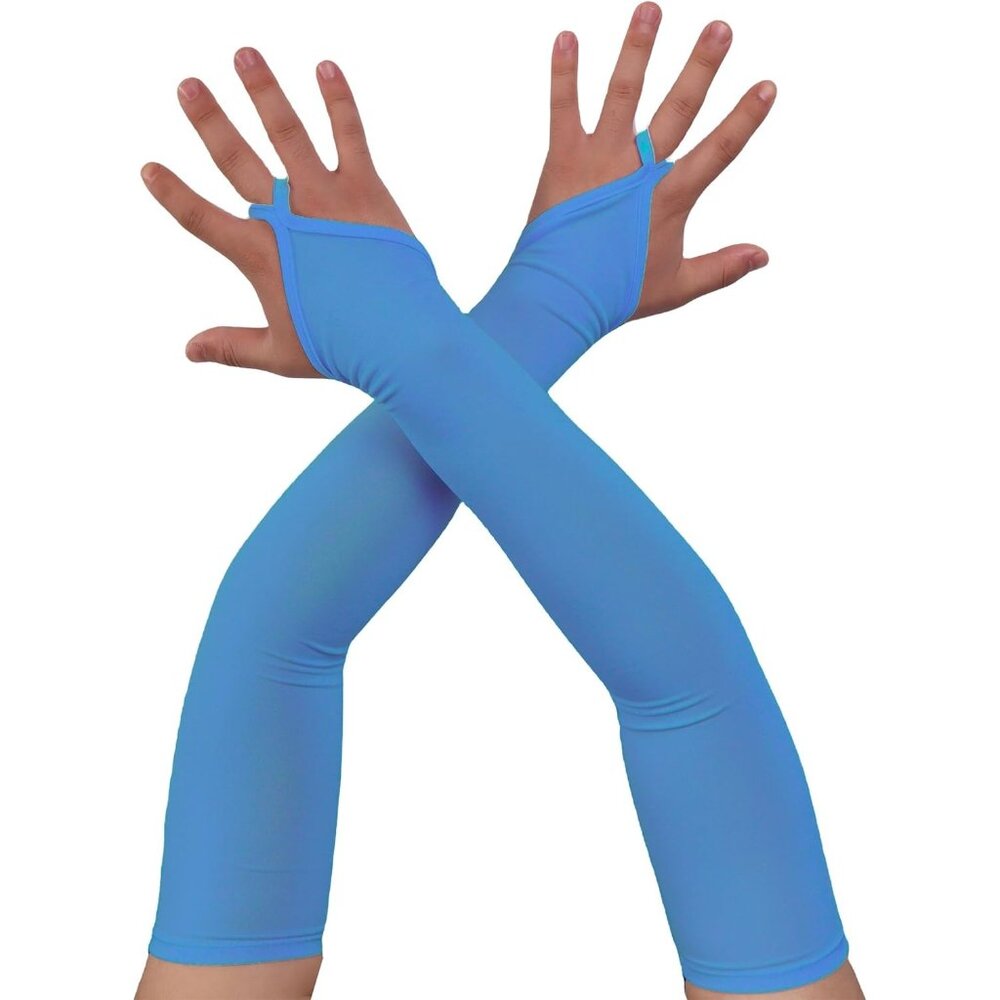 Women's Sky Blue Finger Loop Fingerles Satin Long Gloves Halloween Party Costume